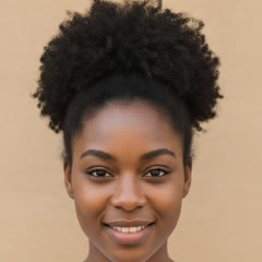 Test photo for example 1: an AI-generated woman in her late twenties, smiling at the camera with her hair up in a high puff
