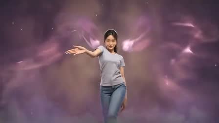 A dancer in a hazy violet nebula, one arm stretched out to the side