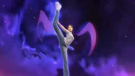Wide shot of the dancer in the nebula with one leg raised straight up