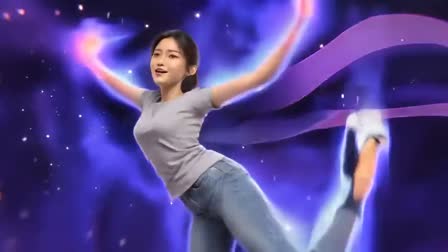 The dancer with arms open wide and one leg lifted behind, ribbons of light around the body